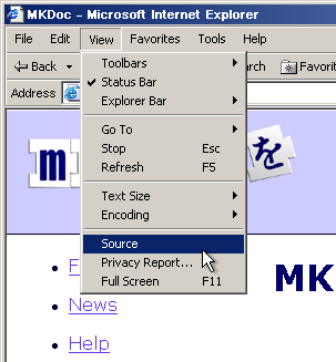 Screen shot of the View Source option in MS Internet Explorer.